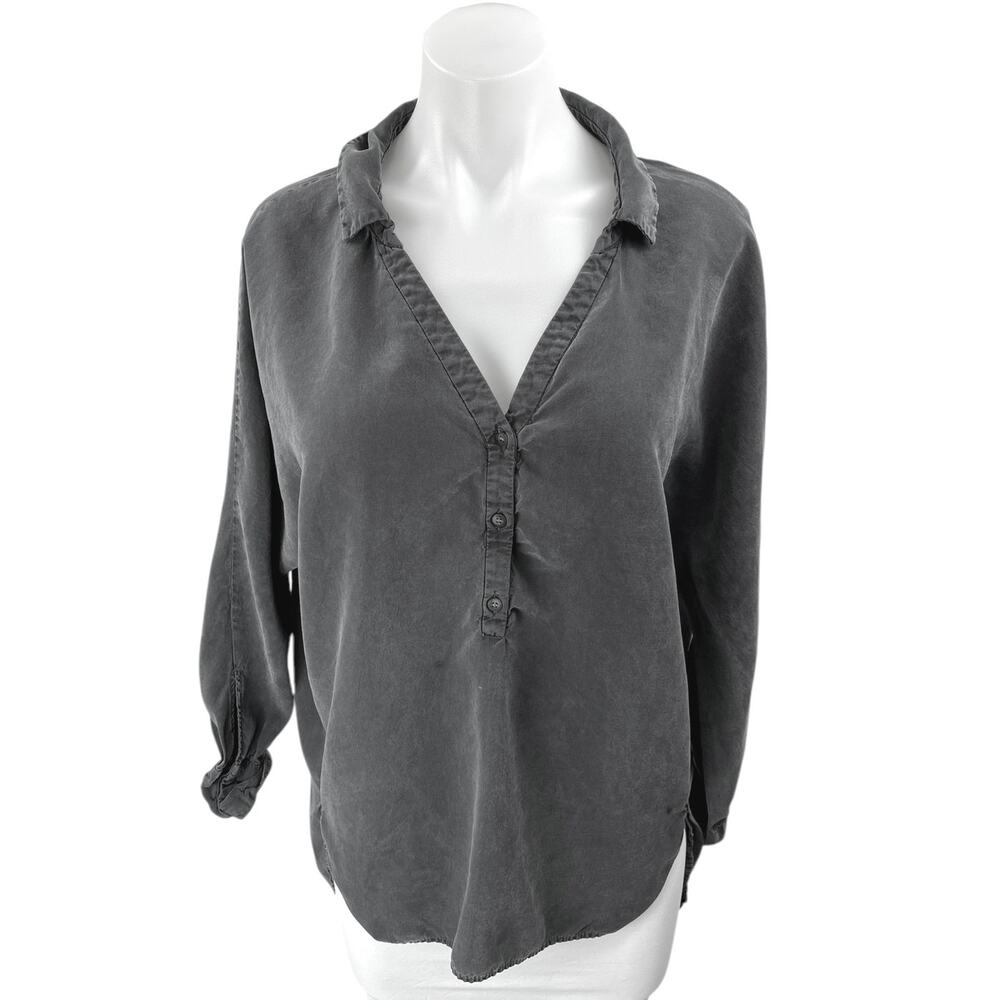 Zara Women's Gray Denim Button V-neck Collar Long Sleeve Shirt Blouse Top Size S